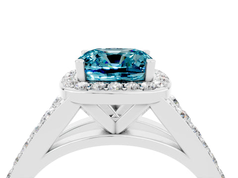 White gold Cushion Cut Blue Topaz Split Shank Halo Ring with Four-Prong Setting_16