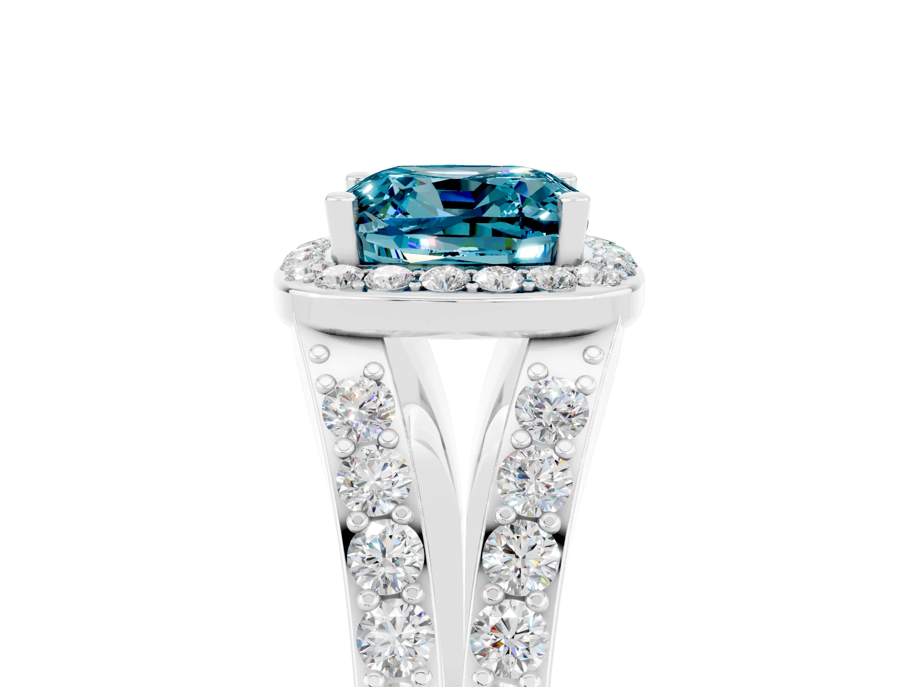 White gold Cushion Cut Blue Topaz Split Shank Halo Ring with Four-Prong Setting_17