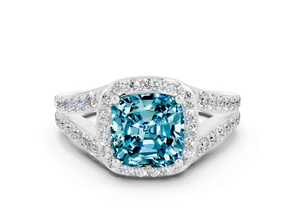 White gold Cushion Cut Blue Topaz Split Shank Halo Ring with Four-Prong Setting