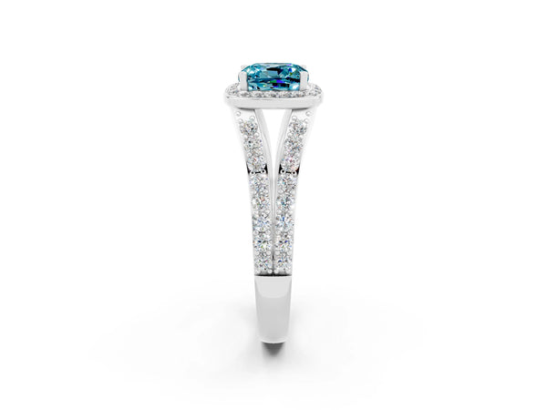 White gold Cushion Cut Blue Topaz Split Shank Halo Ring with Four-Prong Setting