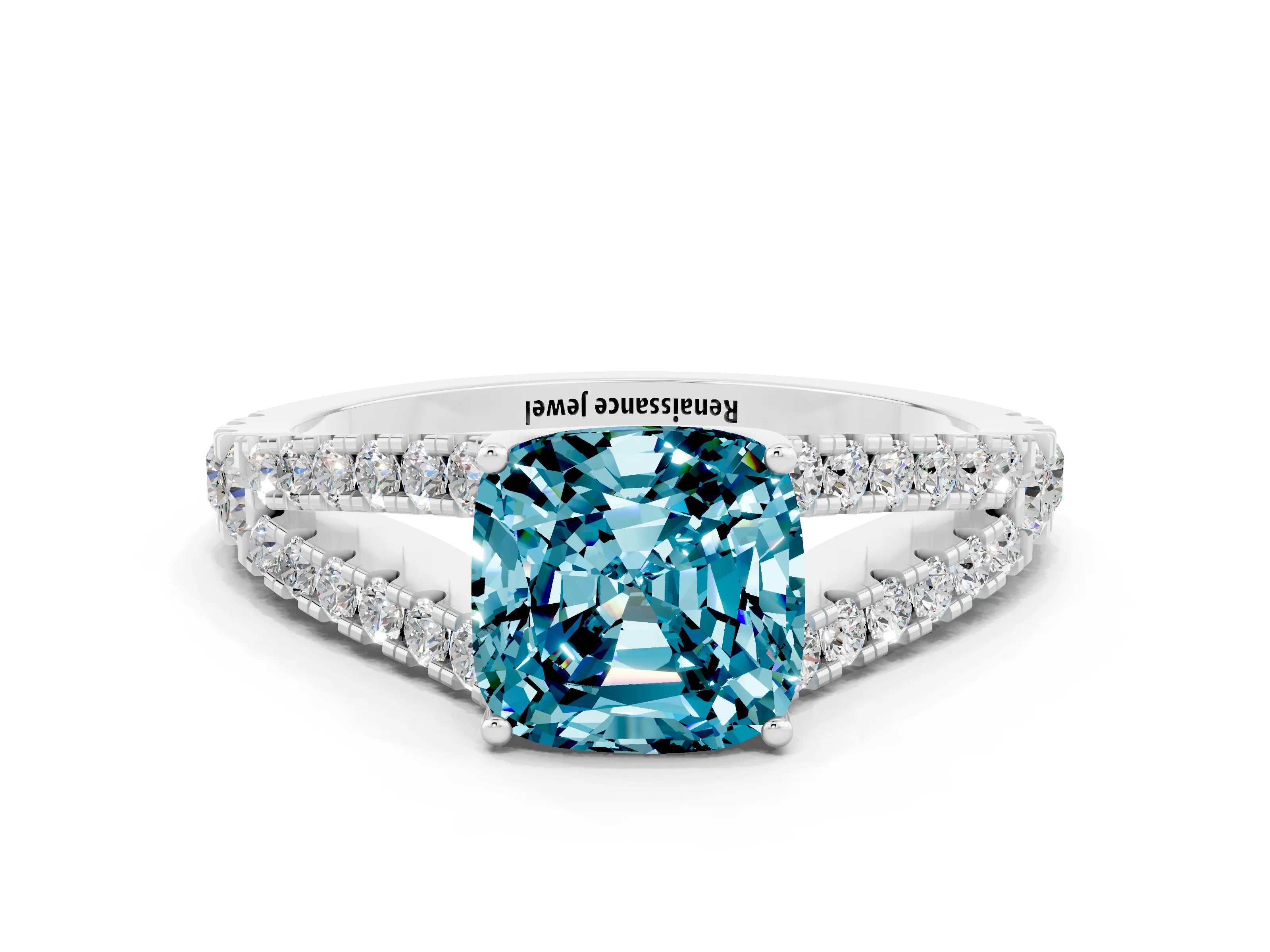 White gold Cushion Cut Blue Topaz Split Shank Pavé Engagement Ring with Four-Prong Setting_12