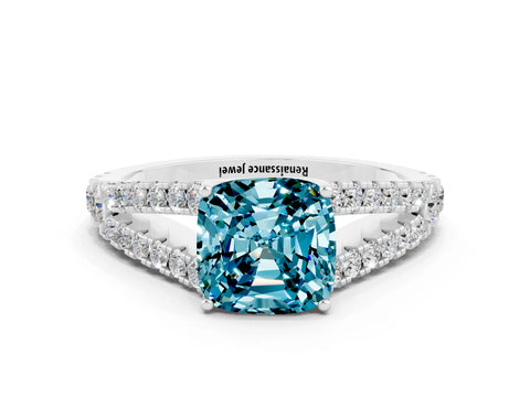 White gold Cushion Cut Blue Topaz Split Shank Pavé Engagement Ring with Four-Prong Setting_12