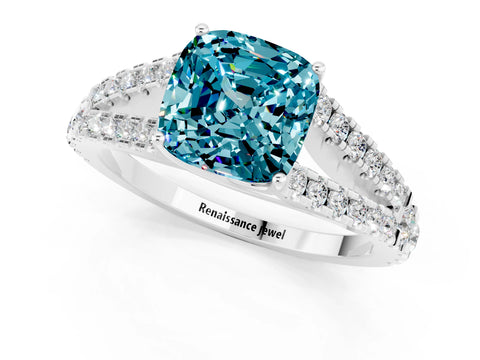 White gold Cushion Cut Blue Topaz Split Shank Pavé Engagement Ring with Four-Prong Setting_13