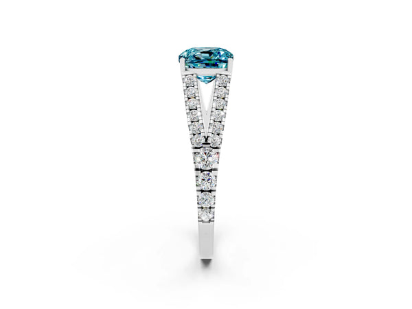 Silver Cushion Cut Blue Topaz Split Shank Pavé Engagement Ring with Four-Prong Setting