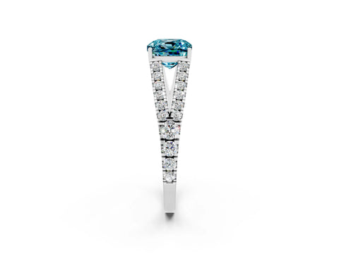 White gold Cushion Cut Blue Topaz Split Shank Pavé Engagement Ring with Four-Prong Setting_14