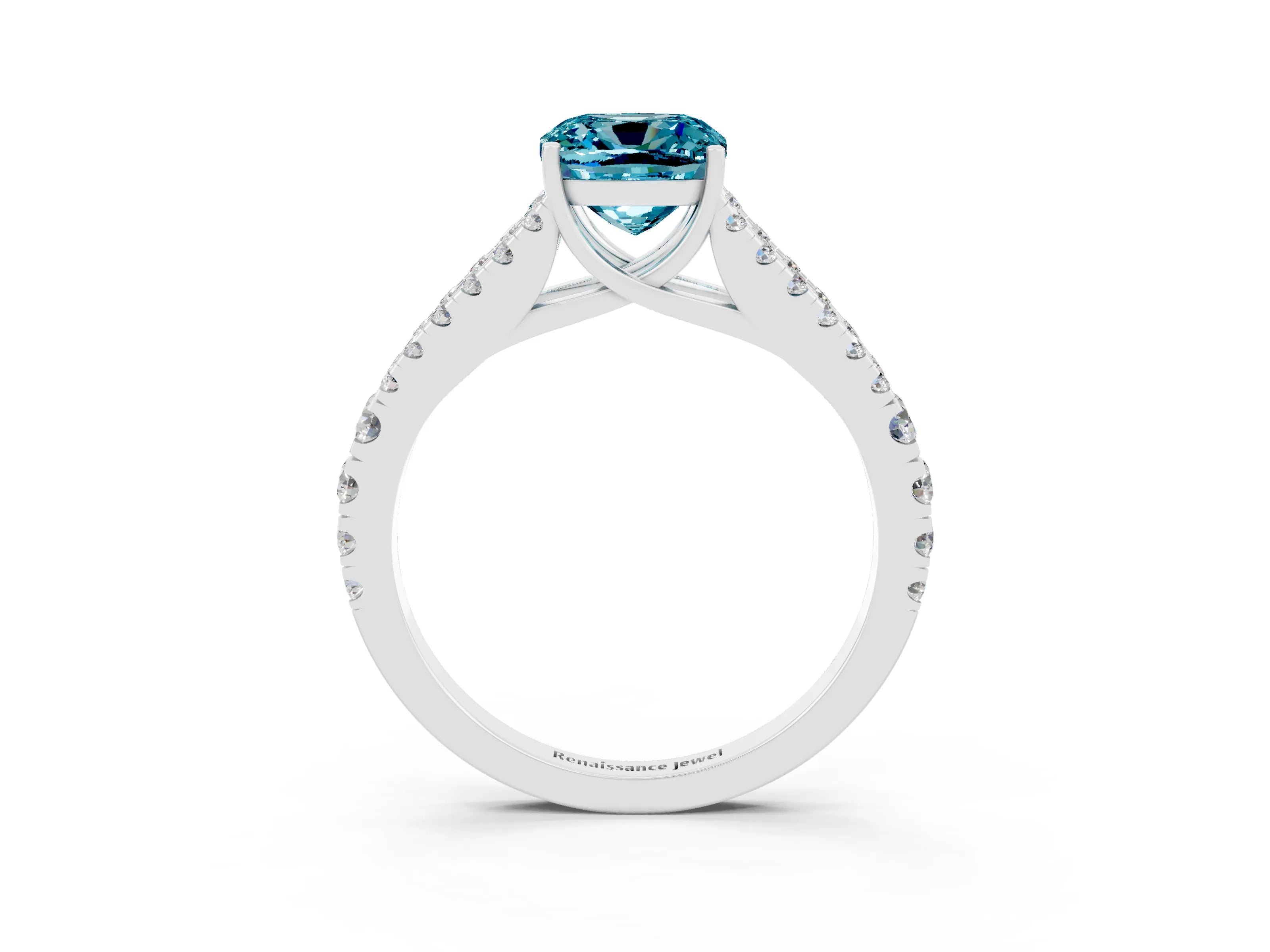 White gold Cushion Cut Blue Topaz Split Shank Pavé Engagement Ring with Four-Prong Setting_15