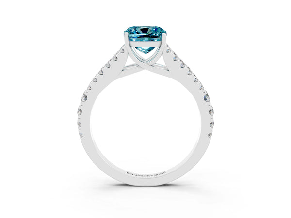 Silver Cushion Cut Blue Topaz Split Shank Pavé Engagement Ring with Four-Prong Setting