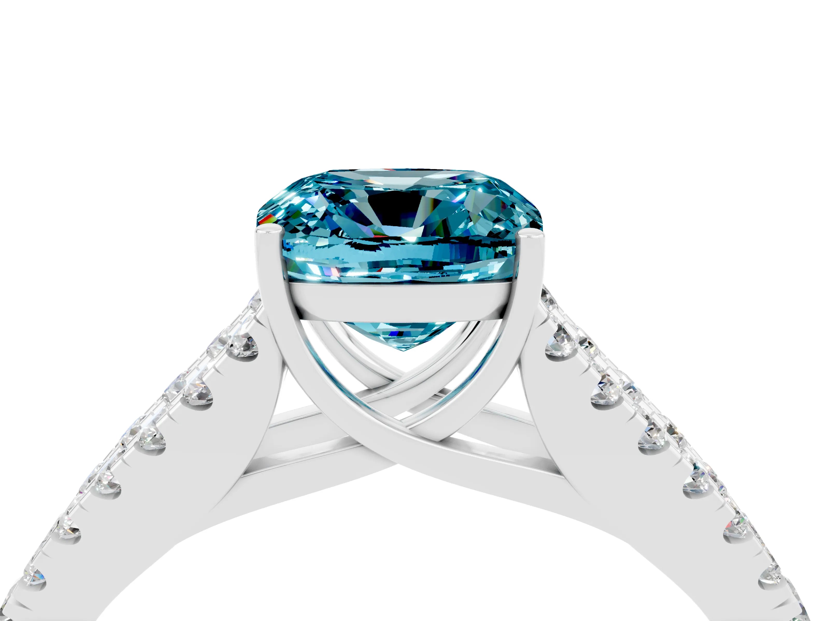 White gold Cushion Cut Blue Topaz Split Shank Pavé Engagement Ring with Four-Prong Setting_16