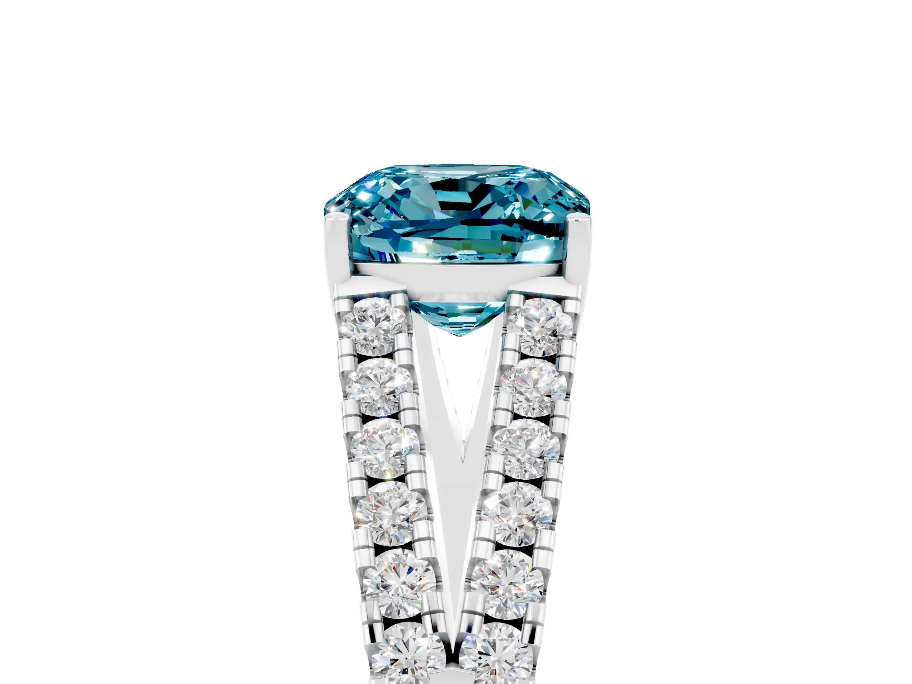 White gold Cushion Cut Blue Topaz Split Shank Pavé Engagement Ring with Four-Prong Setting_17