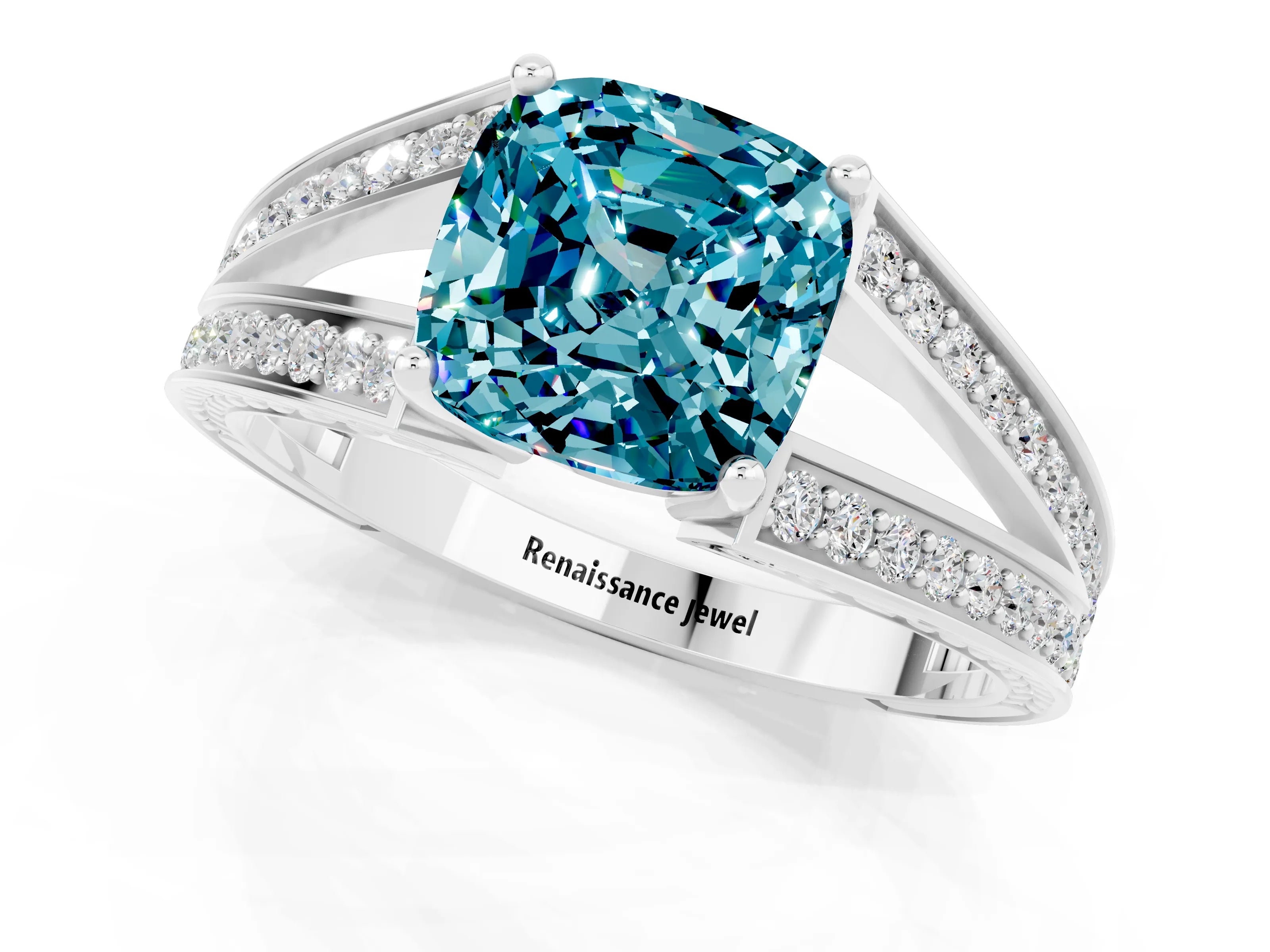 White gold Cushion Cut Blue Topaz Split Shank Ring with Pavé Band and Four-Prong Setting_1