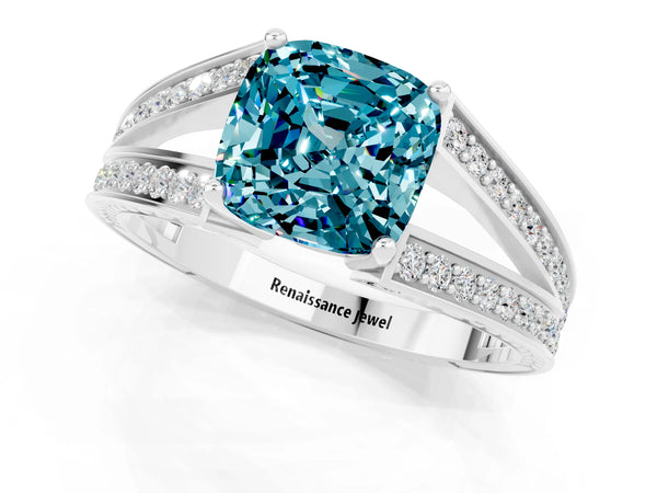 White gold Cushion Cut Blue Topaz Split Shank Ring with Pavé Band and Four-Prong Setting