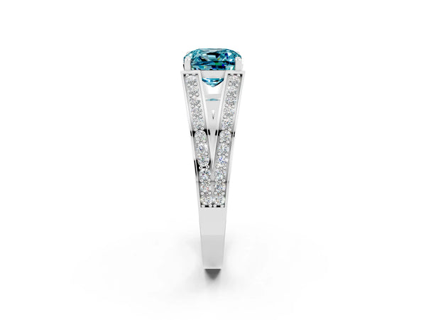 Silver Cushion Cut Blue Topaz Split Shank Ring with Pavé Band and Four-Prong Setting