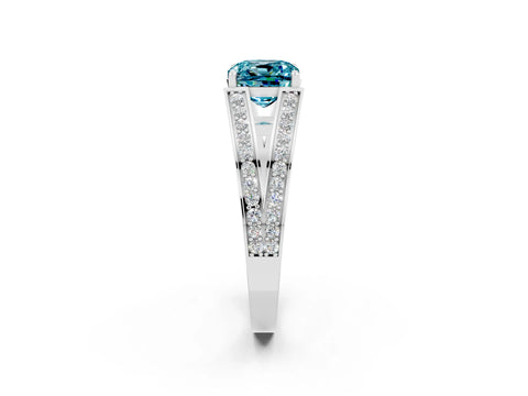 White gold Cushion Cut Blue Topaz Split Shank Ring with Pavé Band and Four-Prong Setting_2