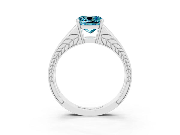 Silver Cushion Cut Blue Topaz Split Shank Ring with Pavé Band and Four-Prong Setting