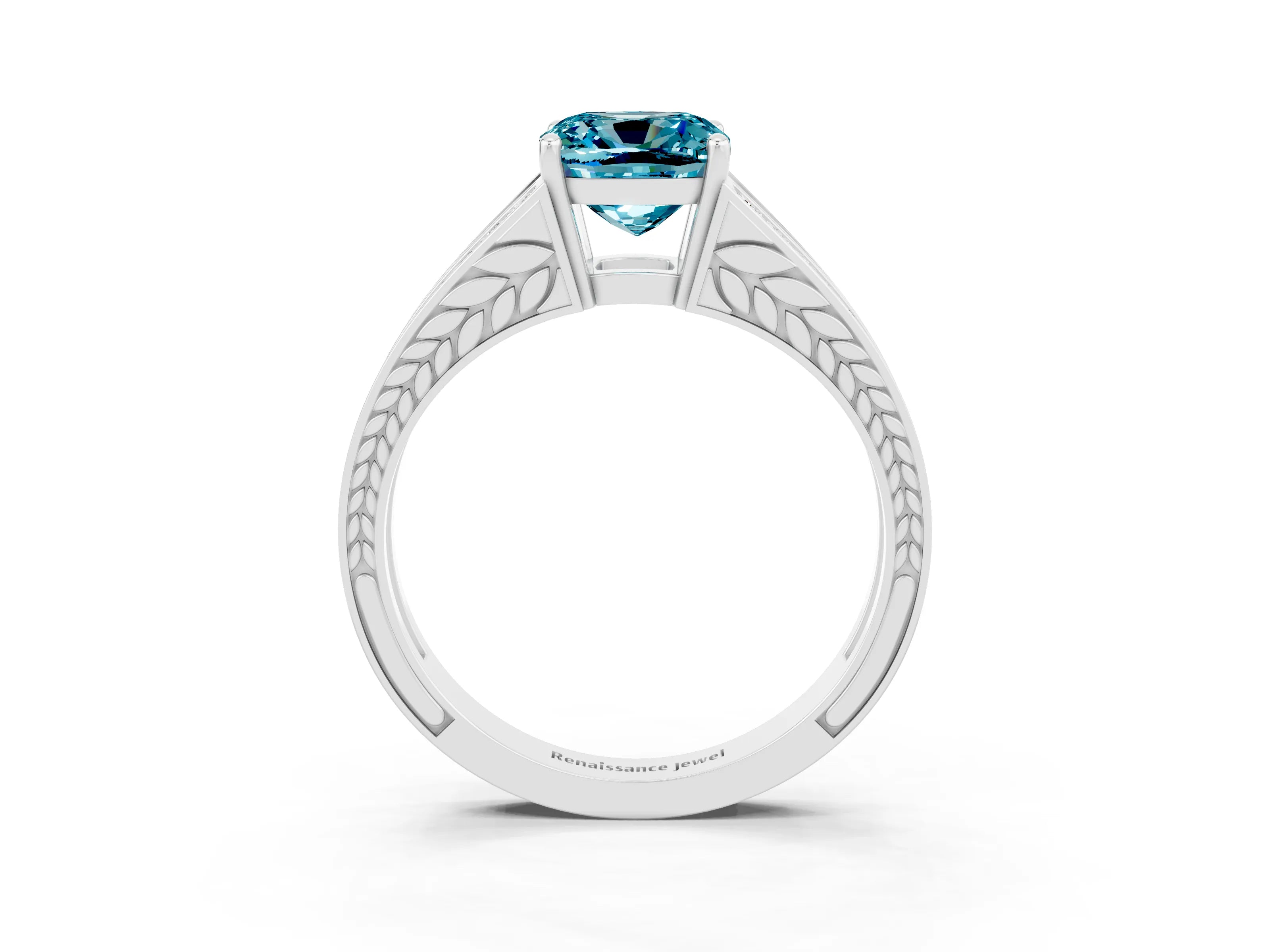 White gold Cushion Cut Blue Topaz Split Shank Ring with Pavé Band and Four-Prong Setting_3