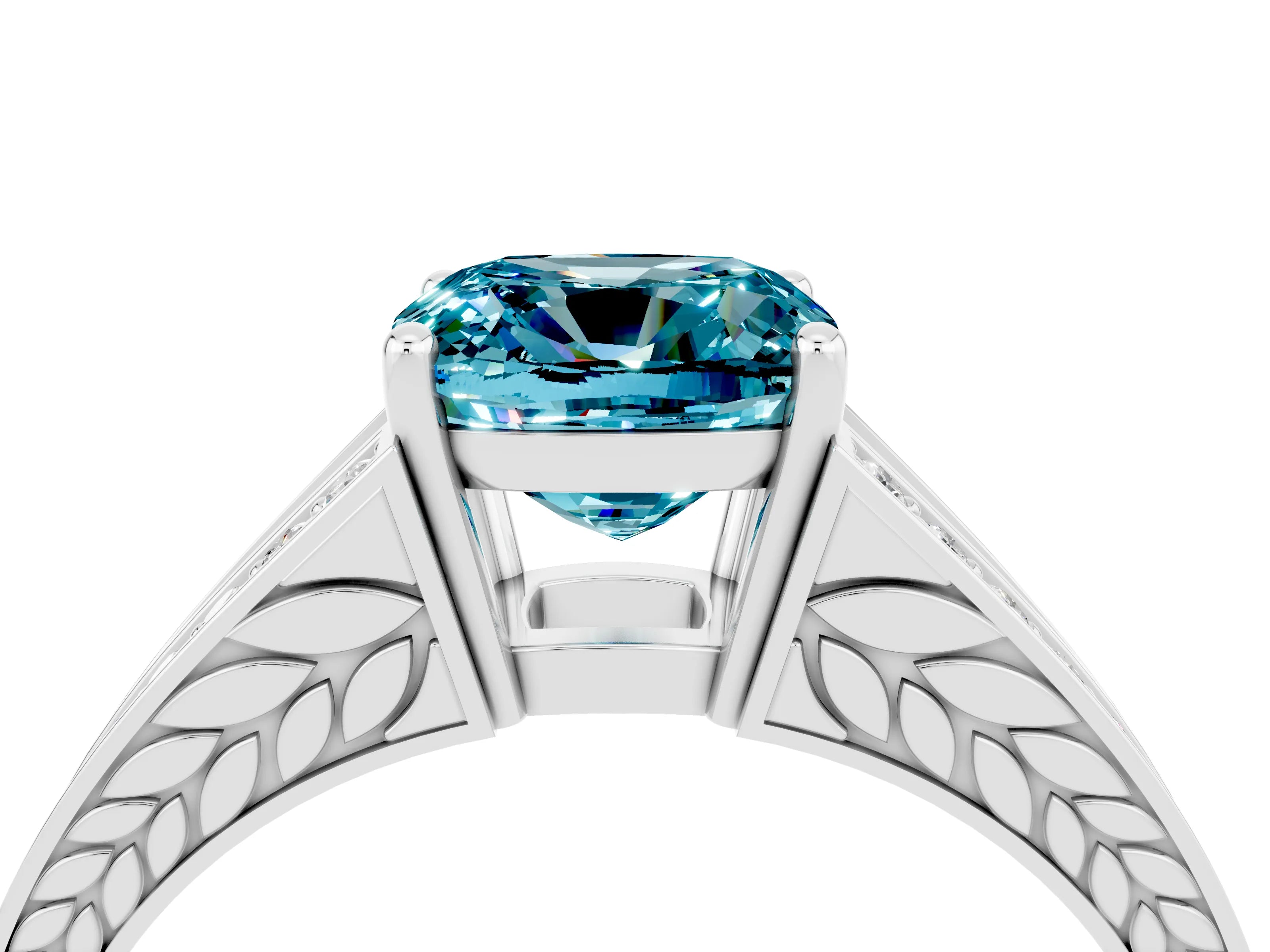 White gold Cushion Cut Blue Topaz Split Shank Ring with Pavé Band and Four-Prong Setting_4