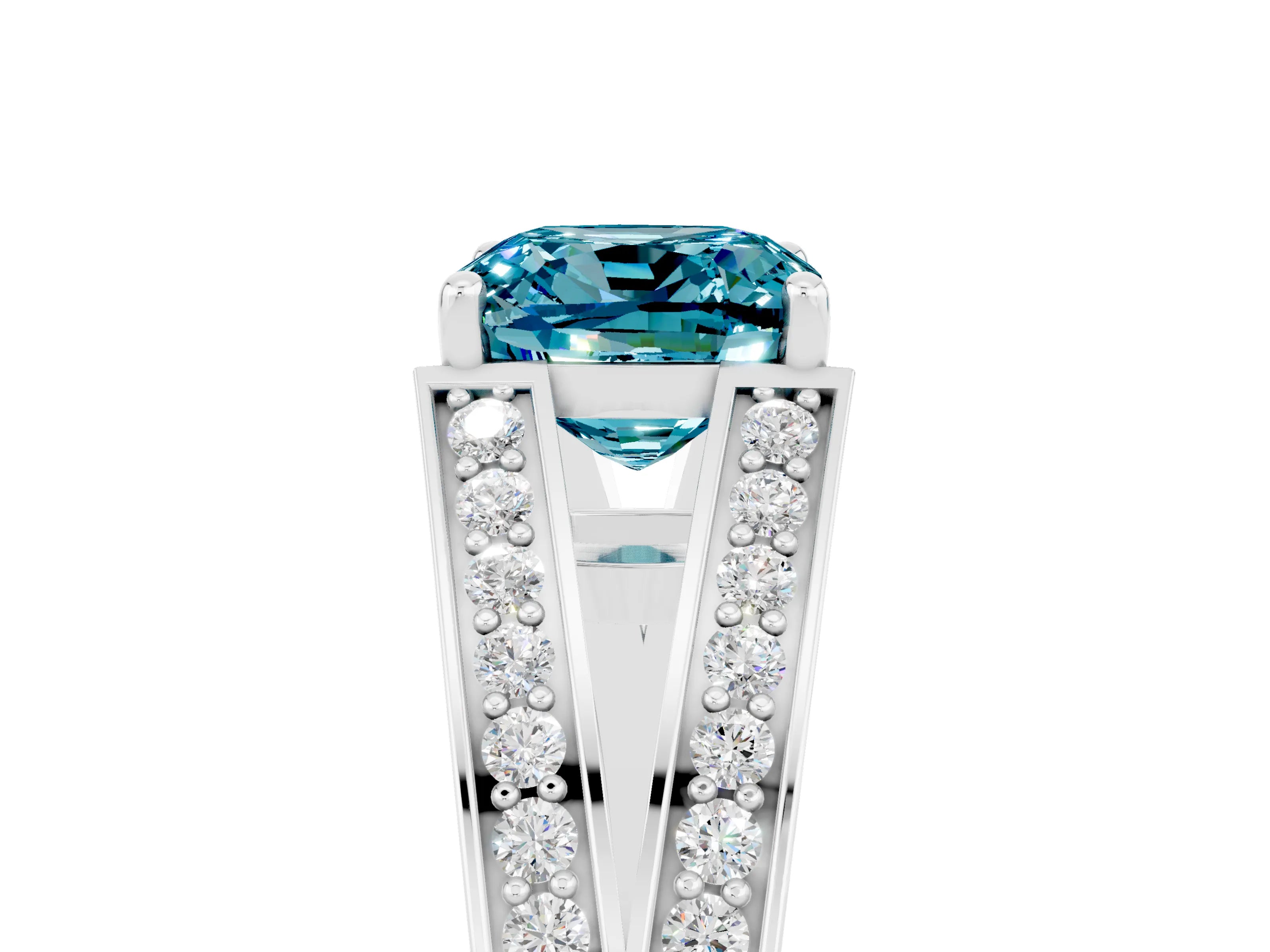 White gold Cushion Cut Blue Topaz Split Shank Ring with Pavé Band and Four-Prong Setting_5
