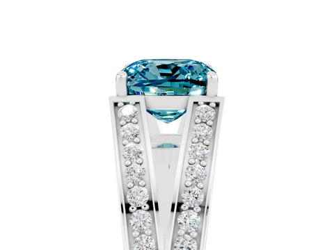 White gold Cushion Cut Blue Topaz Split Shank Ring with Pavé Band and Four-Prong Setting_5