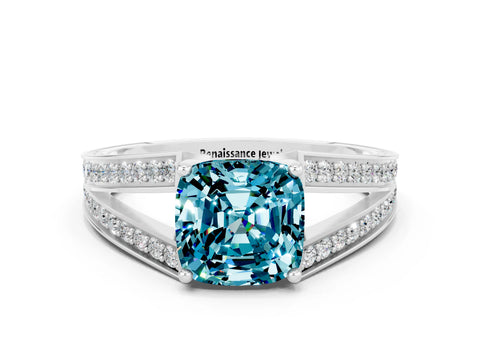 White gold Cushion Cut Blue Topaz Split Shank Ring with Pavé Band and Four-Prong Setting