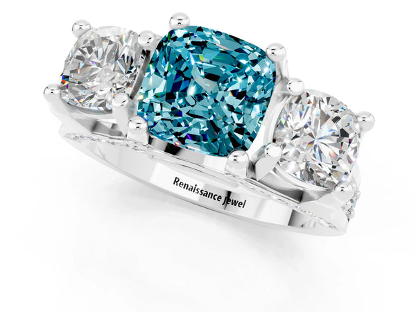 Silver Cushion Cut Blue Topaz Three-Stone Ring with Channel Set Band and Four-Prong Setting