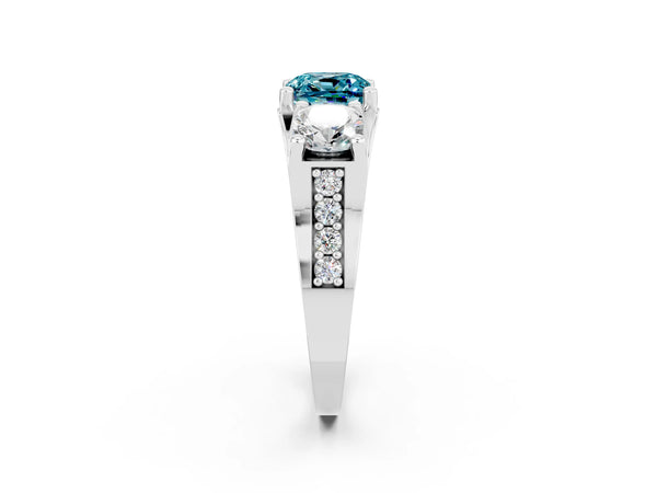 Platinum Cushion Cut Blue Topaz Three-Stone Ring with Channel Set Band and Four-Prong Setting