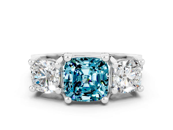 White gold Cushion Cut Blue Topaz Three-Stone Ring with Channel Set Band and Four-Prong Setting