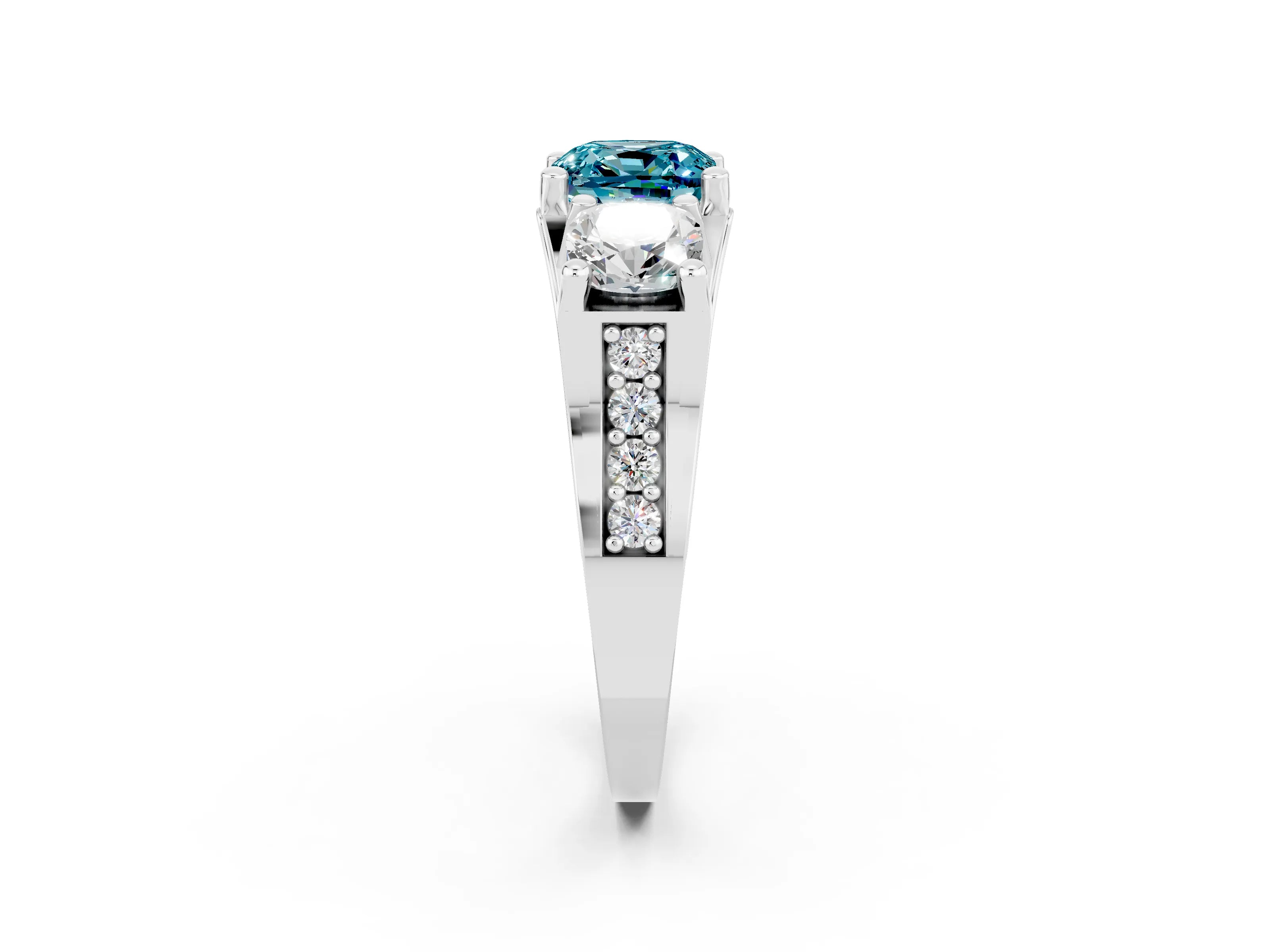 White gold Cushion Cut Blue Topaz Three-Stone Ring with Channel Set Band and Four-Prong Setting_2