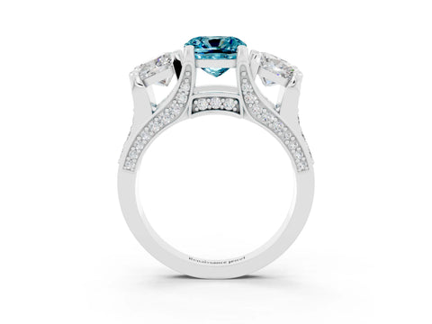 White gold Cushion Cut Blue Topaz Three-Stone Ring with Channel Set Band and Four-Prong Setting_3