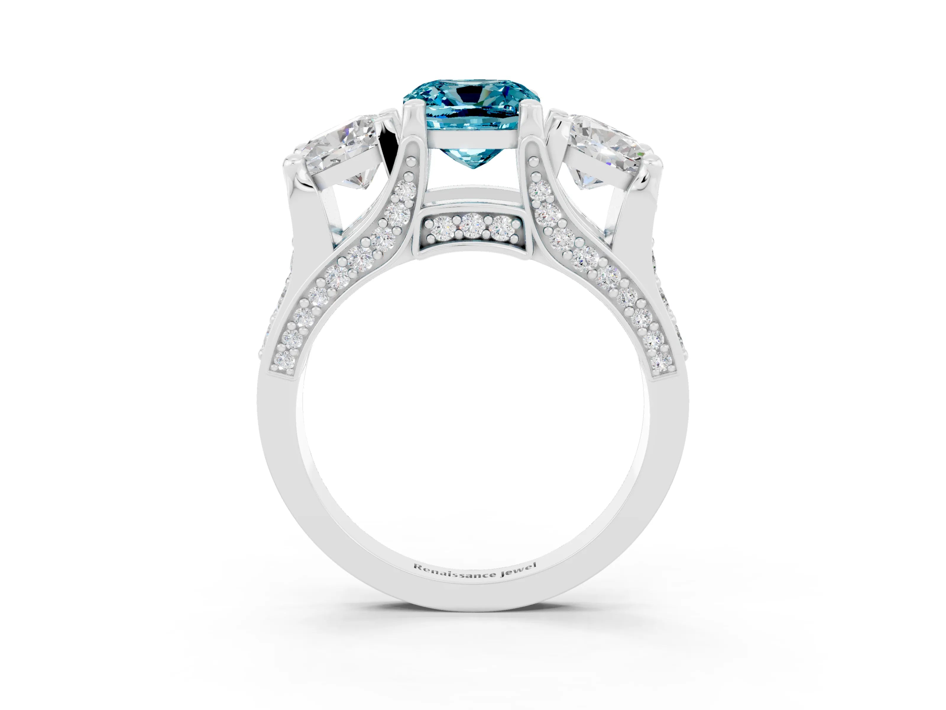 White gold Cushion Cut Blue Topaz Three-Stone Ring with Channel Set Band and Four-Prong Setting_3