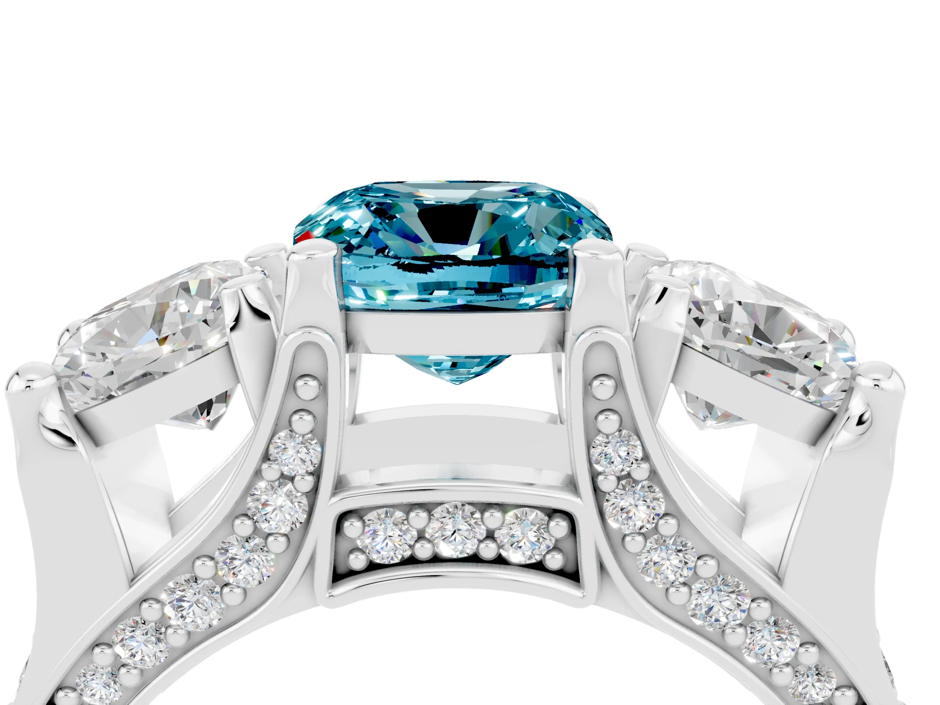 White gold Cushion Cut Blue Topaz Three-Stone Ring with Channel Set Band and Four-Prong Setting_4