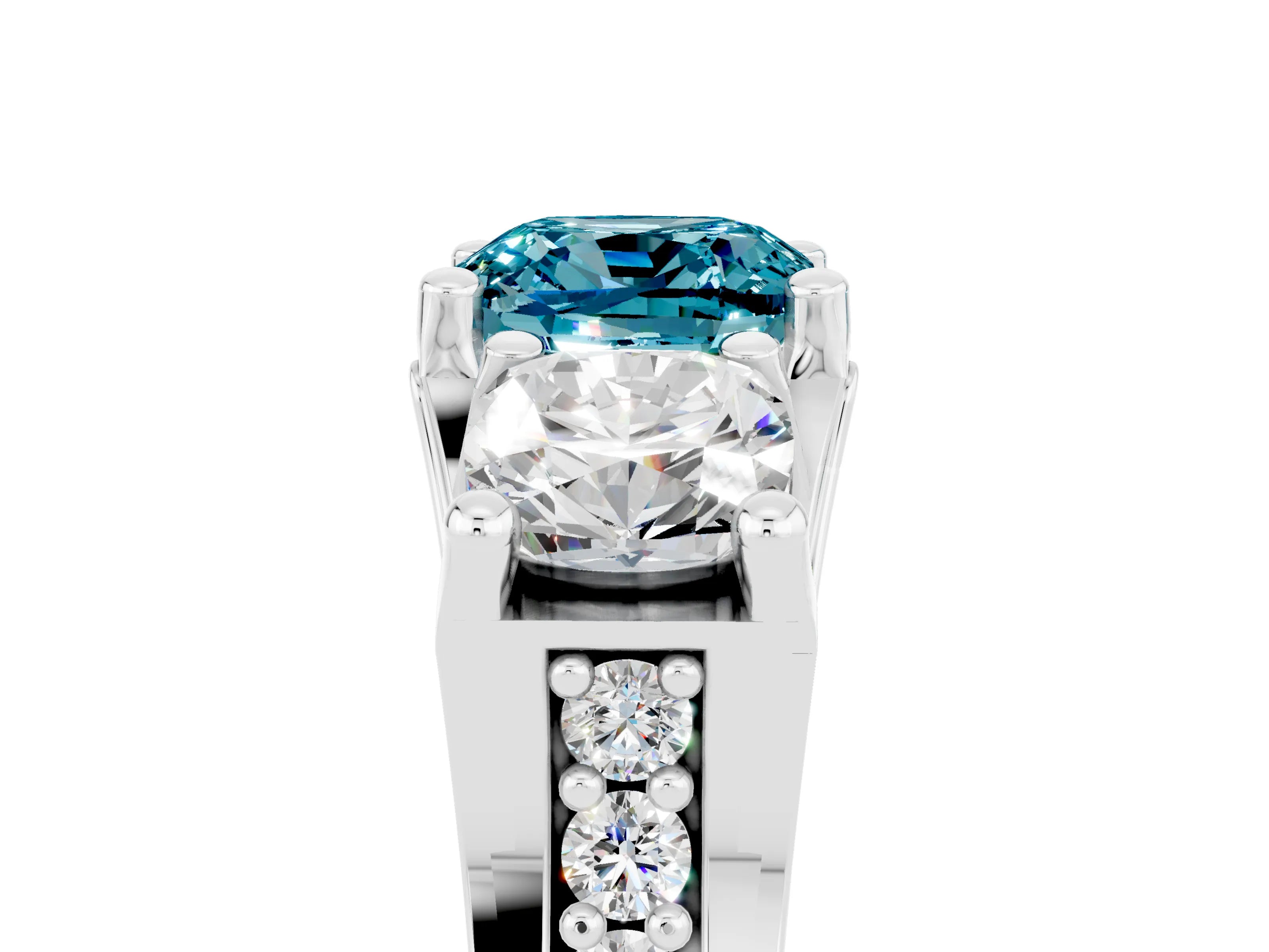 White gold Cushion Cut Blue Topaz Three-Stone Ring with Channel Set Band and Four-Prong Setting_5