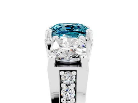 White gold Cushion Cut Blue Topaz Three-Stone Ring with Channel Set Band and Four-Prong Setting_5
