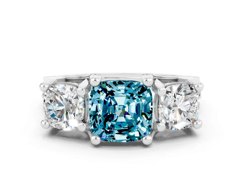 White gold Cushion Cut Blue Topaz Three-Stone Ring with Channel Set Band and Four-Prong Setting