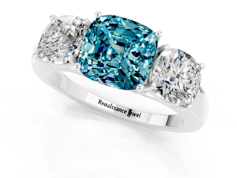 White gold Cushion Cut Blue Topaz Three-Stone Ring with Four-Prong Setting and Classic Band_1