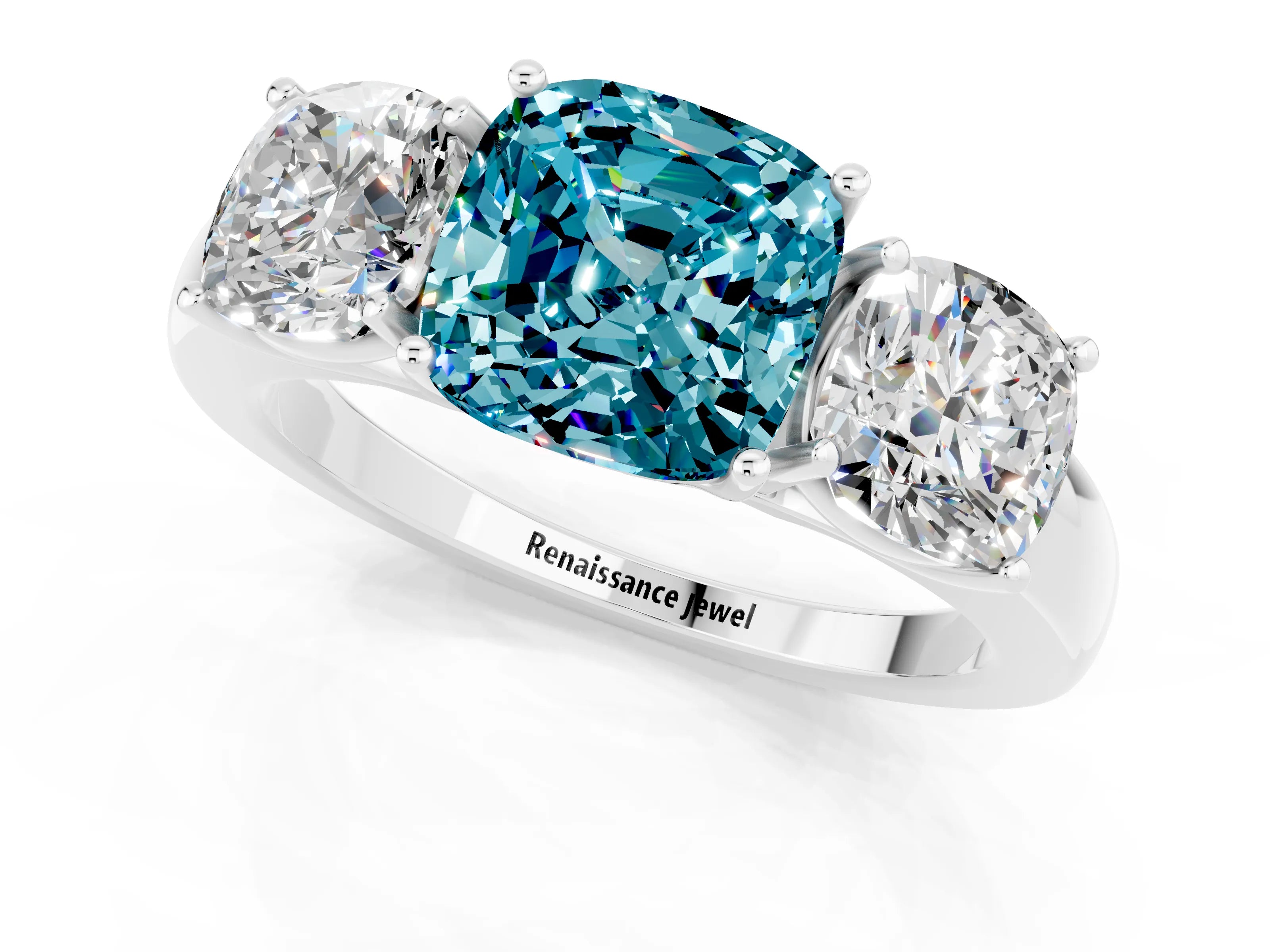 White gold Cushion Cut Blue Topaz Three-Stone Ring with Four-Prong Setting and Classic Band_1