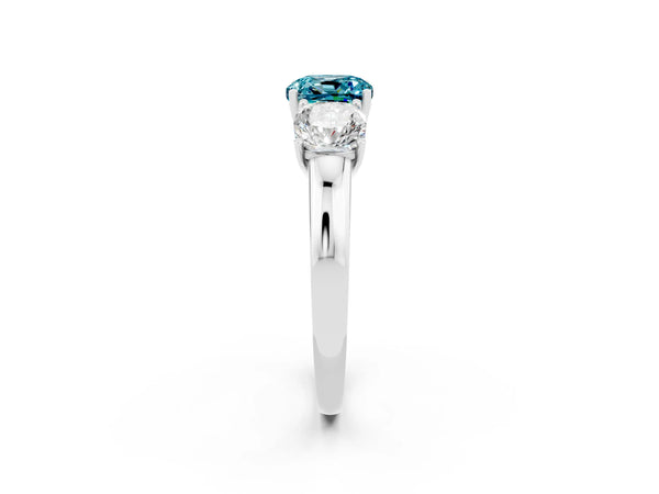 Platinum Cushion Cut Blue Topaz Three-Stone Ring with Four-Prong Setting and Classic Band