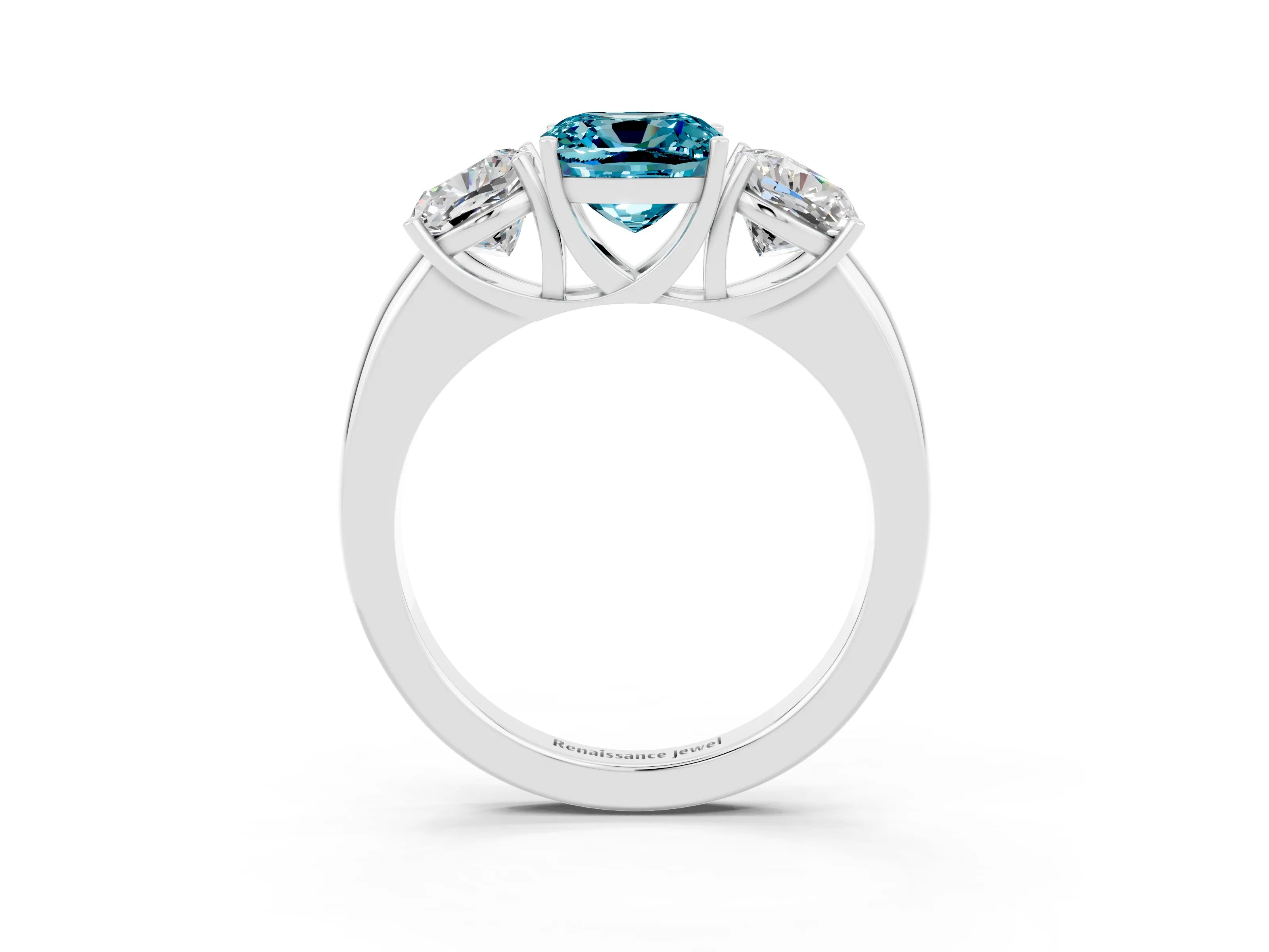 White gold Cushion Cut Blue Topaz Three-Stone Ring with Four-Prong Setting and Classic Band_3