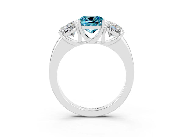 White gold Cushion Cut Blue Topaz Three-Stone Ring with Four-Prong Setting and Classic Band