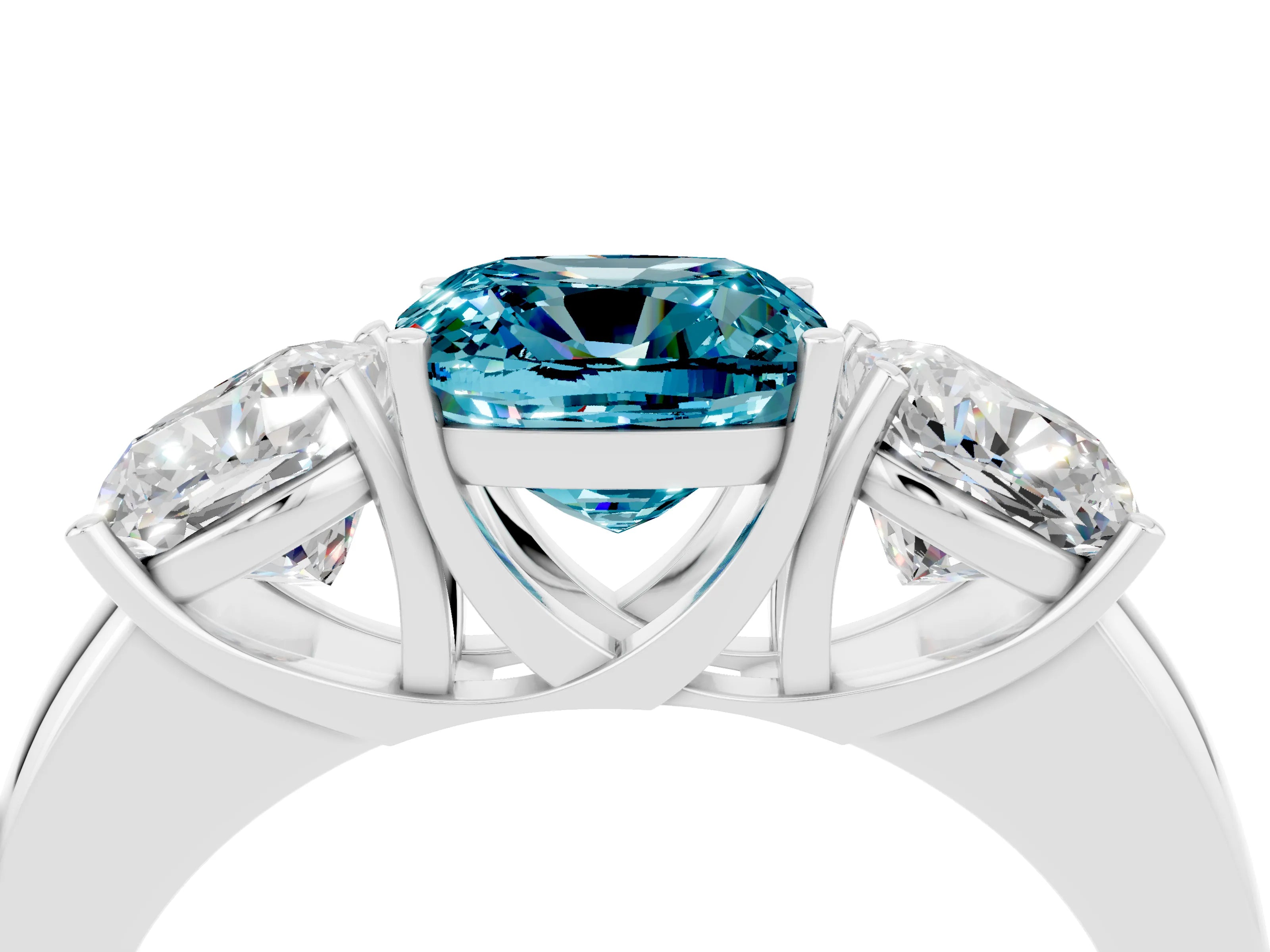 White gold Cushion Cut Blue Topaz Three-Stone Ring with Four-Prong Setting and Classic Band_4