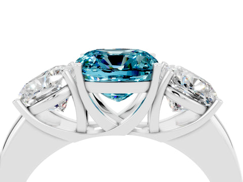 White gold Cushion Cut Blue Topaz Three-Stone Ring with Four-Prong Setting and Classic Band_4