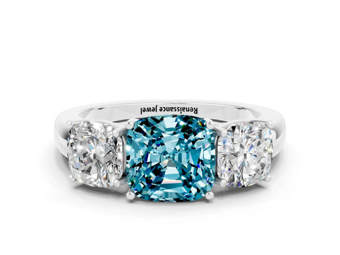 White gold Cushion Cut Blue Topaz Three-Stone Ring with Four-Prong Setting and Classic Band
