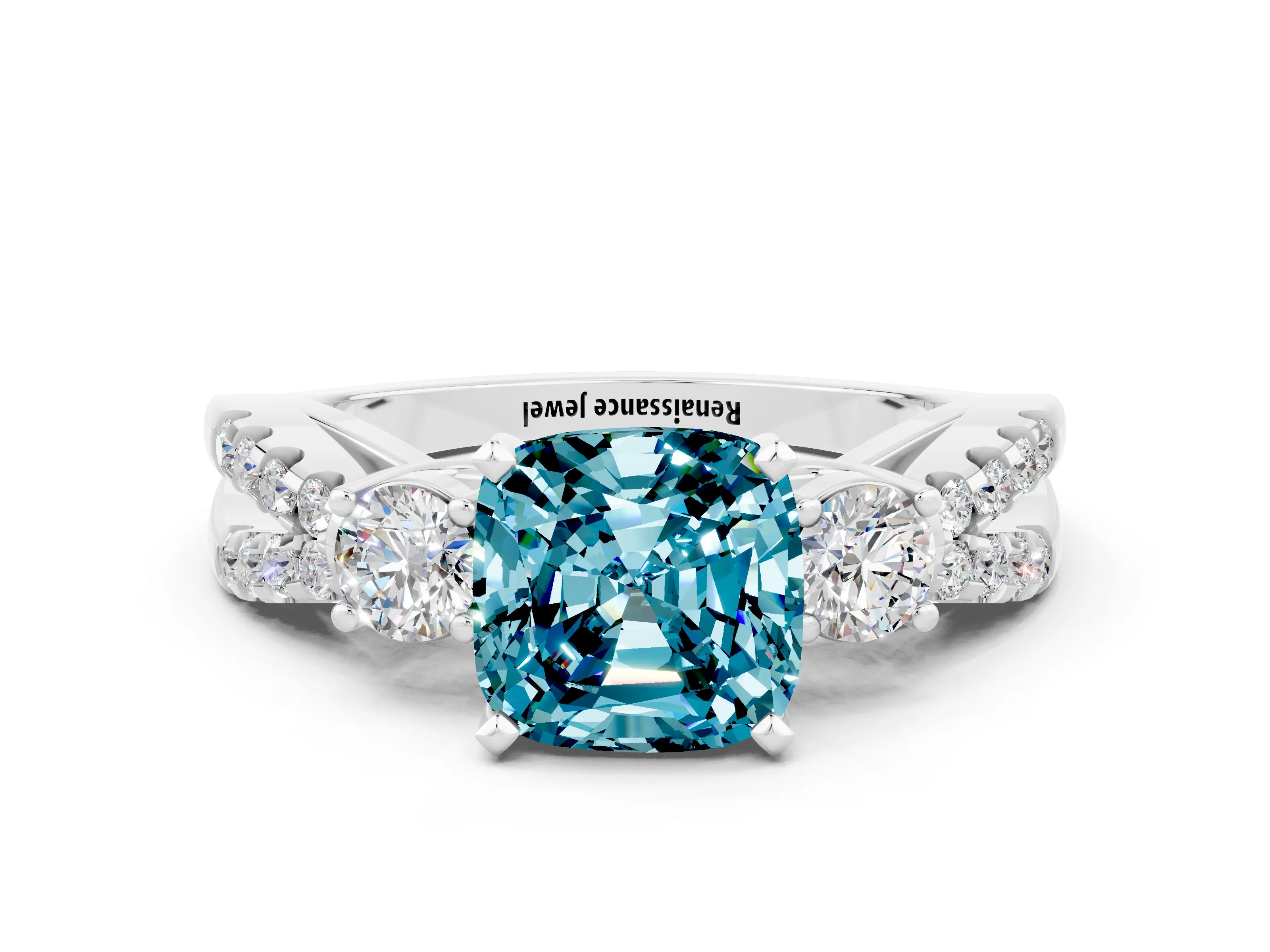 White gold Cushion Cut Blue Topaz Three-Stone Ring with Pavé Split Shank and Four-Prong Setting_12