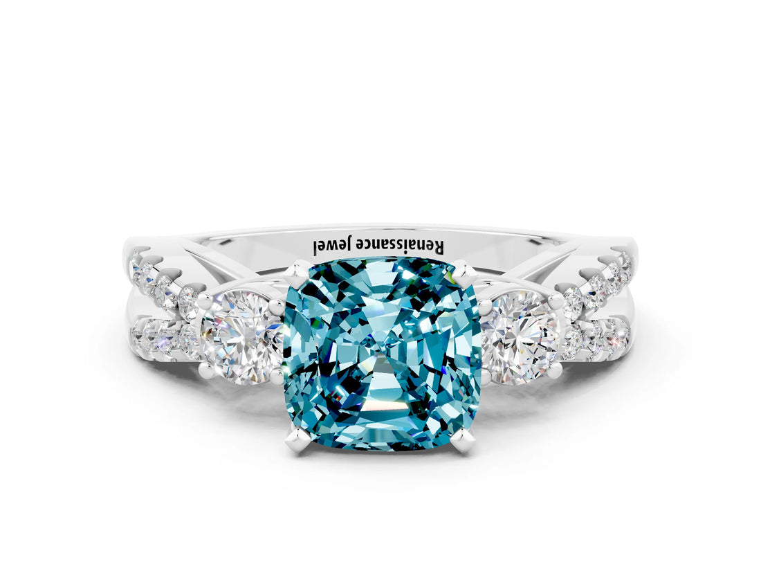 White gold Cushion Cut Blue Topaz Three-Stone Ring with Pavé Split Shank and Four-Prong Setting_12