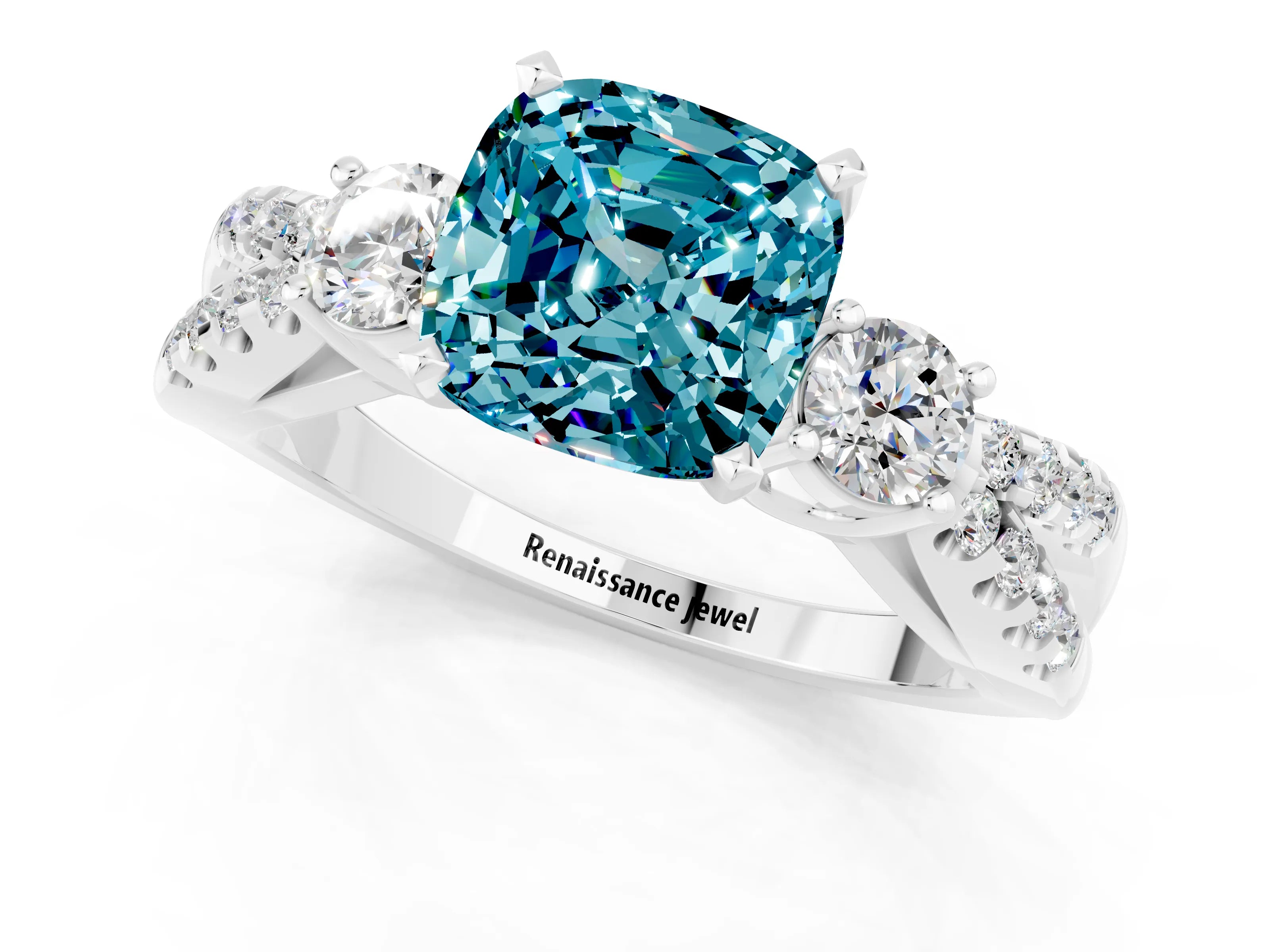 White gold Cushion Cut Blue Topaz Three-Stone Ring with Pavé Split Shank and Four-Prong Setting_13