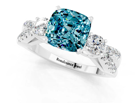 White gold Cushion Cut Blue Topaz Three-Stone Ring with Pavé Split Shank and Four-Prong Setting_13