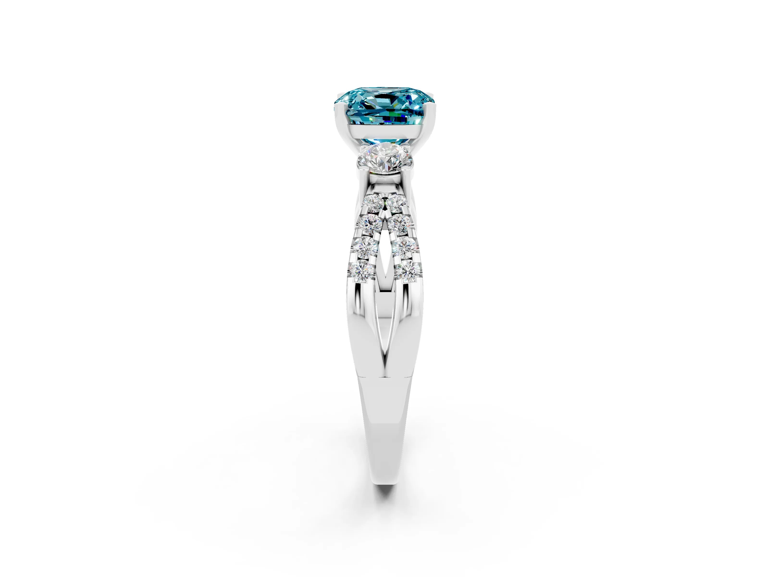 White gold Cushion Cut Blue Topaz Three-Stone Ring with Pavé Split Shank and Four-Prong Setting_14