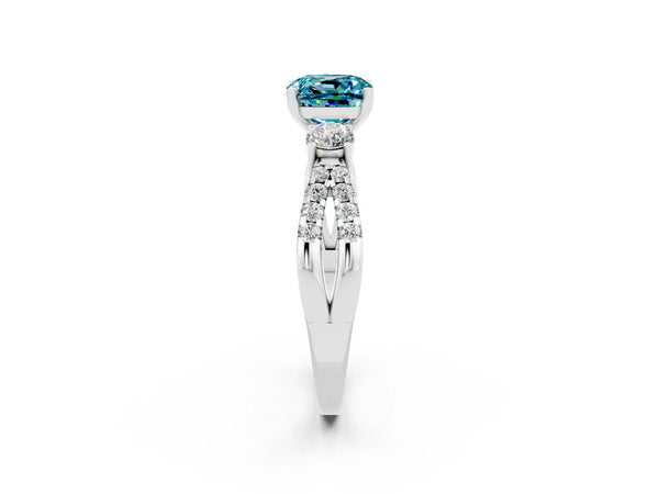 White gold Cushion Cut Blue Topaz Three-Stone Ring with Pavé Split Shank and Four-Prong Setting