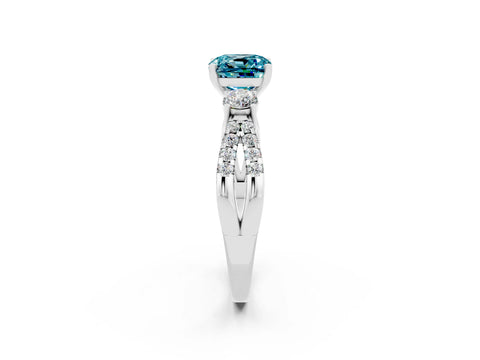 White gold Cushion Cut Blue Topaz Three-Stone Ring with Pavé Split Shank and Four-Prong Setting_14