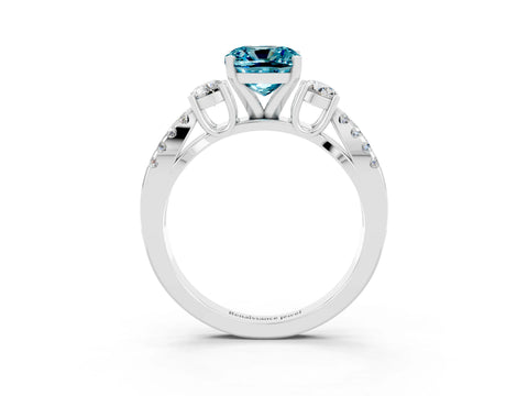 White gold Cushion Cut Blue Topaz Three-Stone Ring with Pavé Split Shank and Four-Prong Setting_15