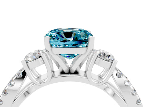 White gold Cushion Cut Blue Topaz Three-Stone Ring with Pavé Split Shank and Four-Prong Setting_16